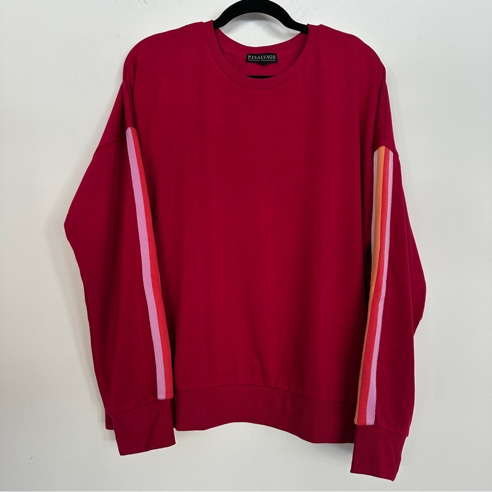 PJ Salvage Crewneck Sweatshirt Red Stripe Sleeve Soft Knit Lounge Top Size XL